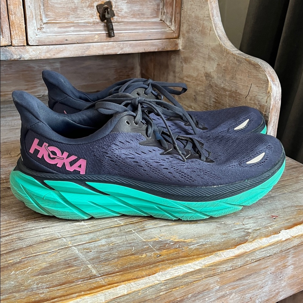 🤍 Hoka Clifton 8 running shoes sneakers size 10 Navy Blue Mesh Teal Purple